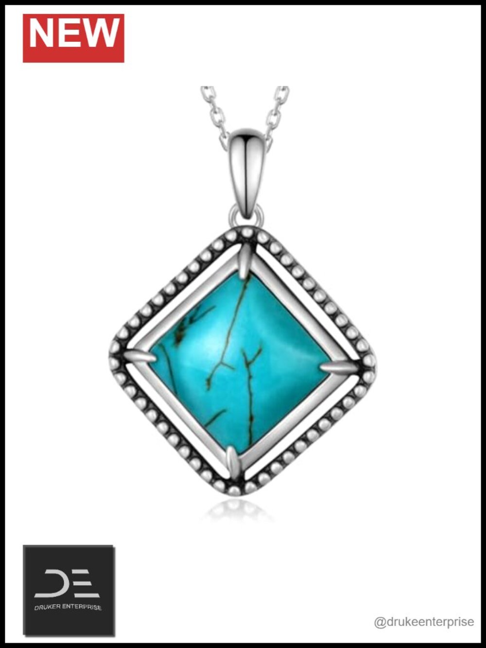 Genuine Sterling Silver Turquoise Necklace Square Pendant Vintage Western Real